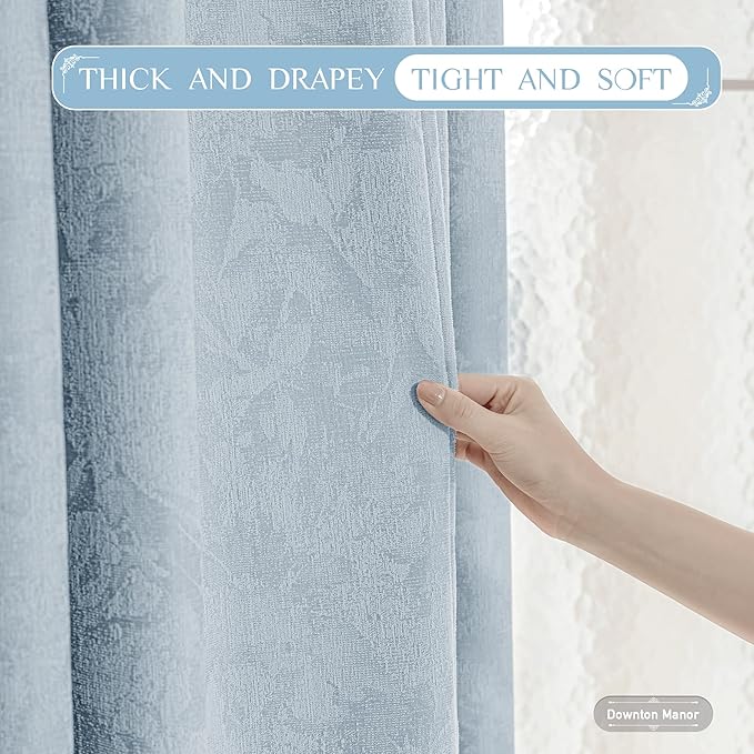 Beauoop Blue Floral Jacquard Blackout Curtains 84 Inches Long 2 Panels