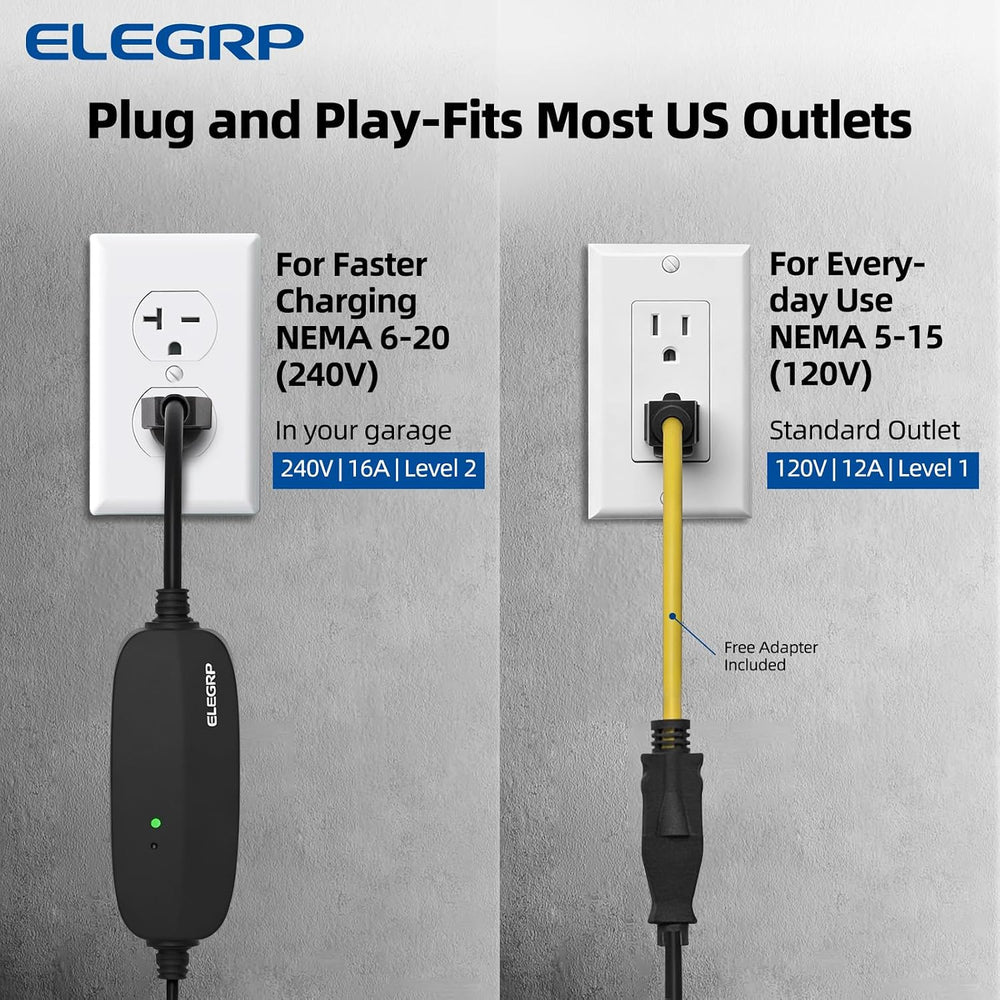 ELEGRP Level 1/2 EV Charger, 16 Amp, Portable J1772 Charger, 25FT Cable, NEMA...