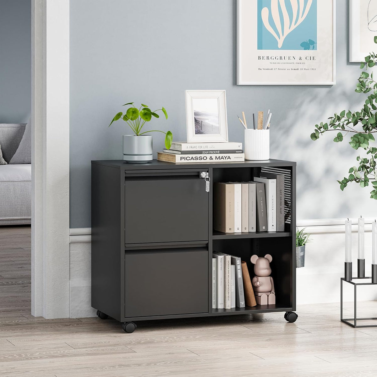 miiiko 2 drawer file cabinet with lock, metal shown in use