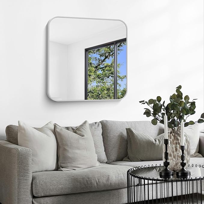 Silver Bathroom Mirror, 30 x 30 Inch Silver Square Mirror, Metal Framed