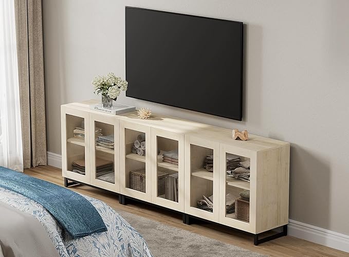 WAMPAT Modern TV Stand with Glass Doors