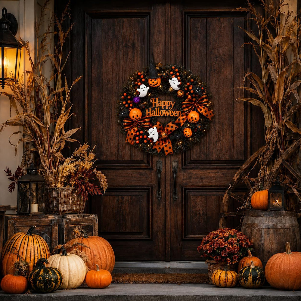22 Inch Halloween Wreath for Front Door with Light Pumpkin Ghost Decor
