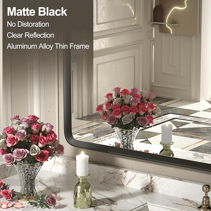 48x30 Black Bathroom Mirror, Rounded Rectangle Mirror, Shatterproof