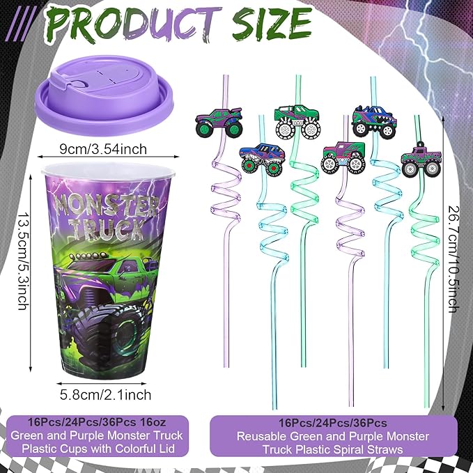 Yungyan 24 Sets Green Purple Monster Truck Party Favors Goodie Cups with Lids and Straws for Halloween Party Decorations Reusable 16oz Plastic Candy Cups Plastic Straws for Birthday Gift(Truck)