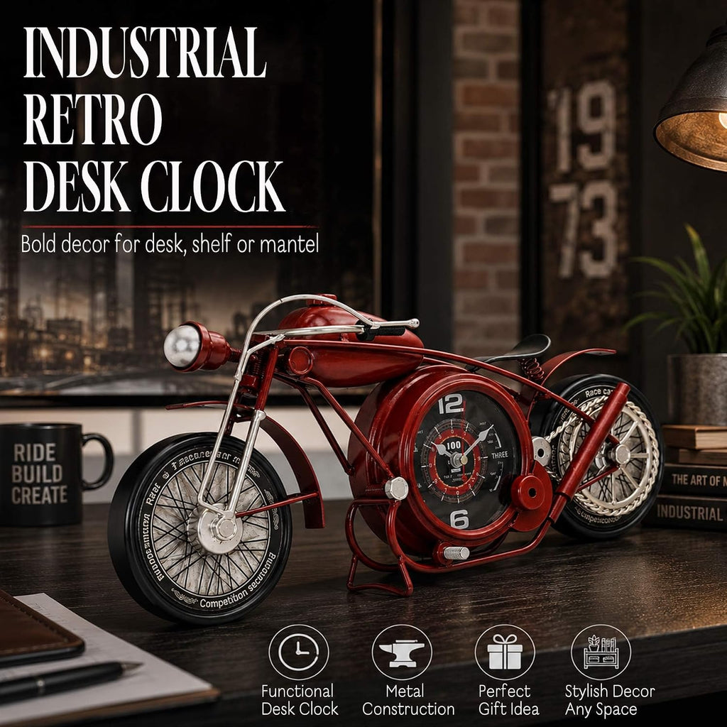 YOUKI Metal Motorcycle Wall Clock,Desk Shelf Clocks Digital Clock for Bedroom,Retro Vintage Non-Ticking Table Clock Battery Operated Silent,Easy to Read,Wall Art16.9 * 1.5 * 7.5 Inches,Red
