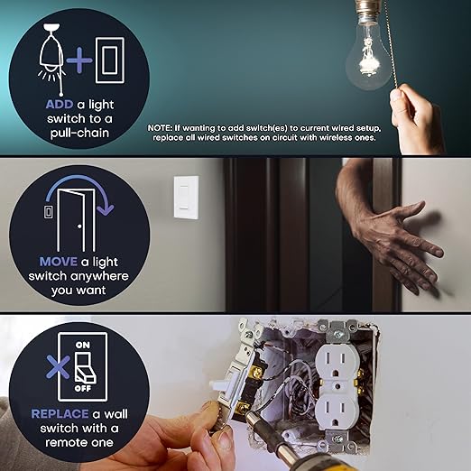 RunLessWire 3-Way Battery-Free DIY Wireless Light Switch Kit 150ft RF Range