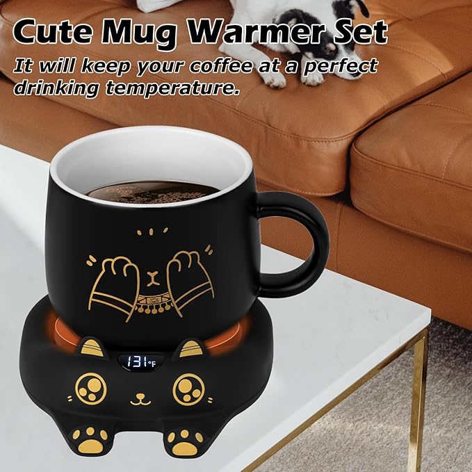 PUSEE Coffee Mug Warmer & Cute Cat Mug Set, Coffee Cup Warmer