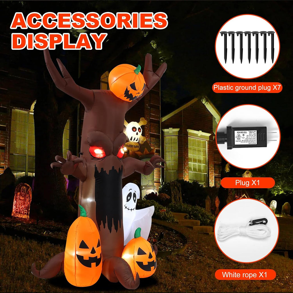 9ft Pumpkin Ghost Tree Halloween Inflatable Outdoor Decoration, Courtyard Decoration with LED Lights, for Outdoor Lawn, Garden, Family Vacation Party