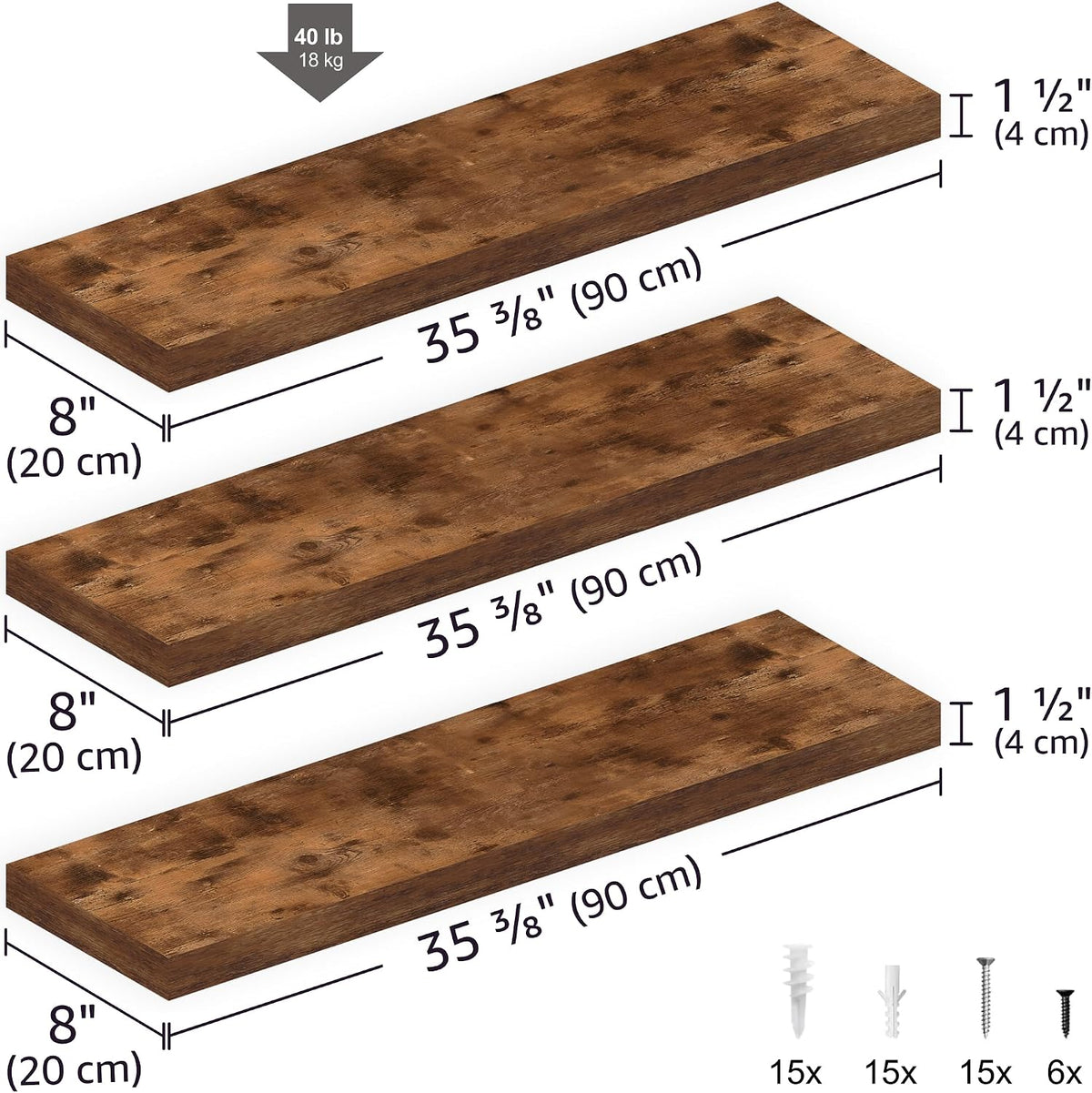 Ballucci Floating Shelves, 36" Long Wall Shelf, Set of 3, Wood Floating Shelves for Wall, Decorative Wall Shelves for Home Office, Living Room, Room Décor, 8" Deep, Set of 3, Rustic Brown