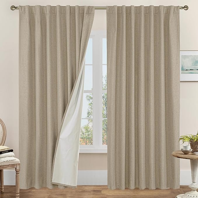 LAMIT Taupe 100% Blackout Linen Curtains, 84 Inch Linen Textured Living Room