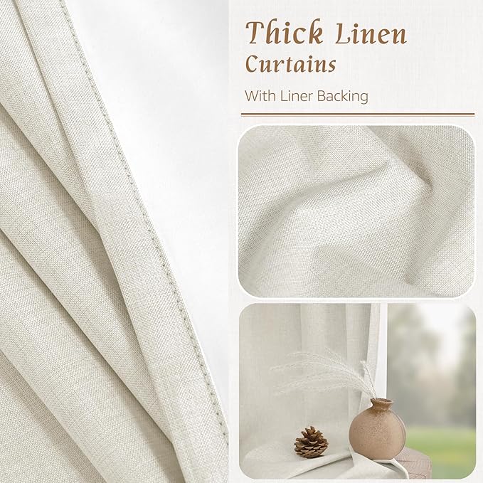 LAMIT Ivory 100% Blackout Linen Curtains 54 Inches Long, Linen Textured Living