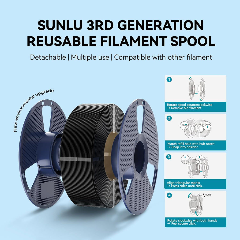 sunlu pla 3d printer filament, black, 4kg, front angle view