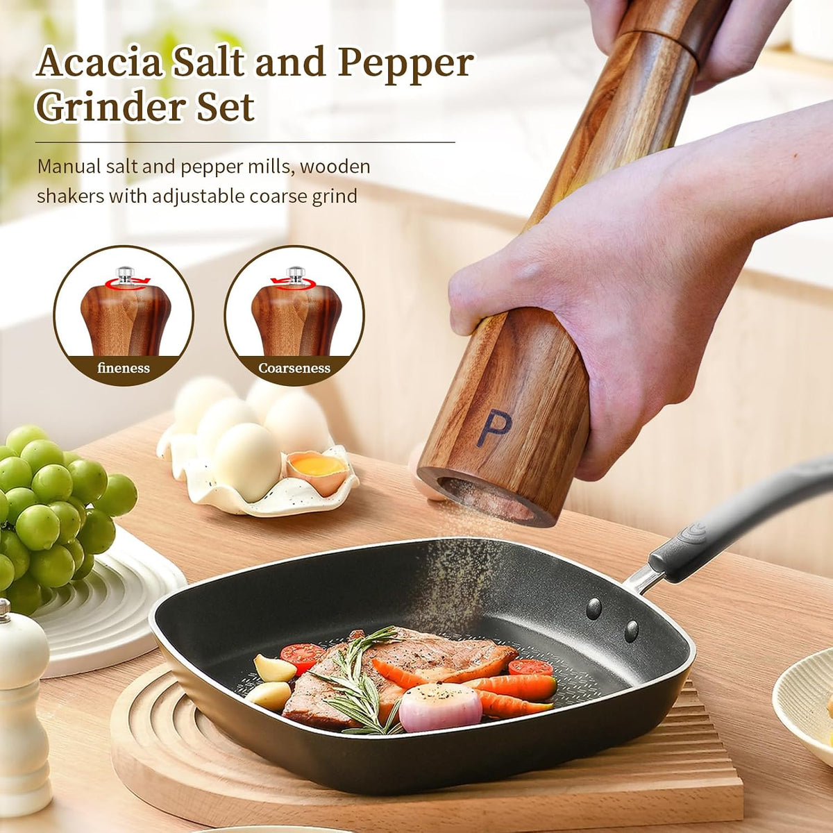 Haomacro 2 Pack 10 Inch Acacia Wooden Salt and Pepper Grinder Set Manual