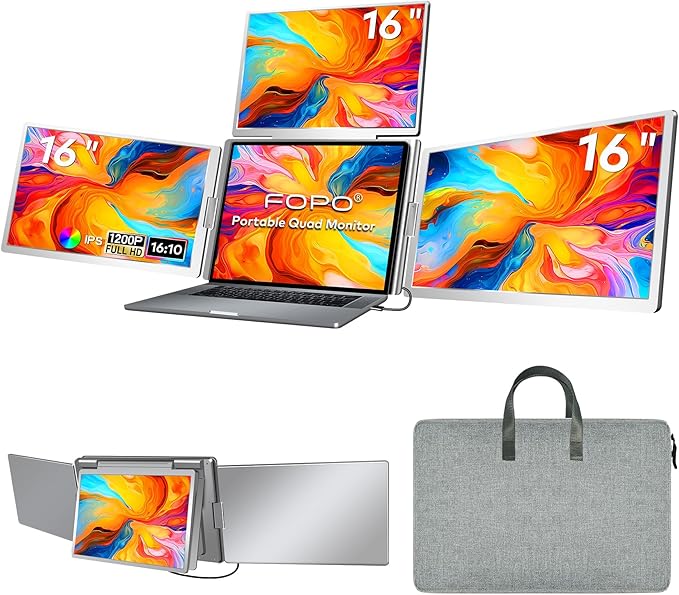 FOPO 16" Laptop Screen Extender Monitor Portable, Quad Monitor, Just 1 Cable