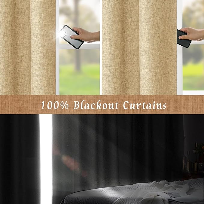 LAMIT 100% Blackout Linen Curtains, 63 Inches Linen Textured Thermal Bedroom