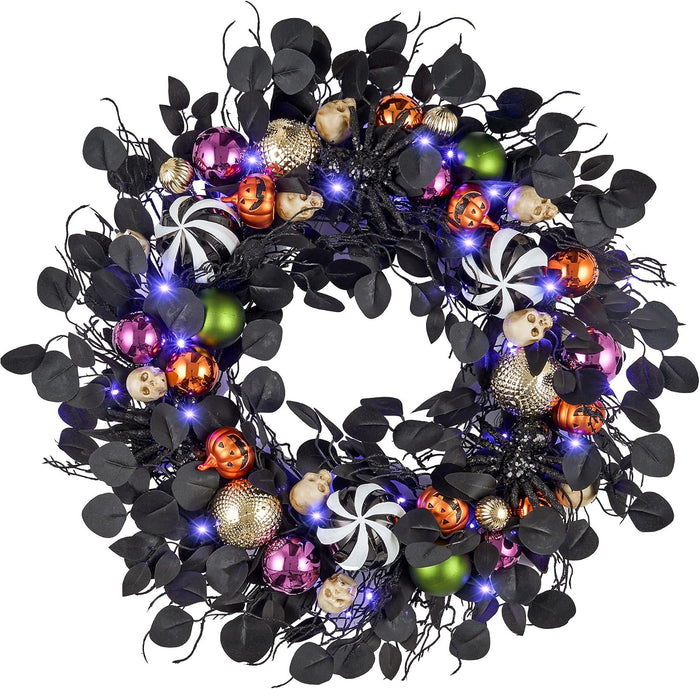 JORNOY 30-Inch Halloween Wreath with Battery Timer - Spider, Balls, Skull
