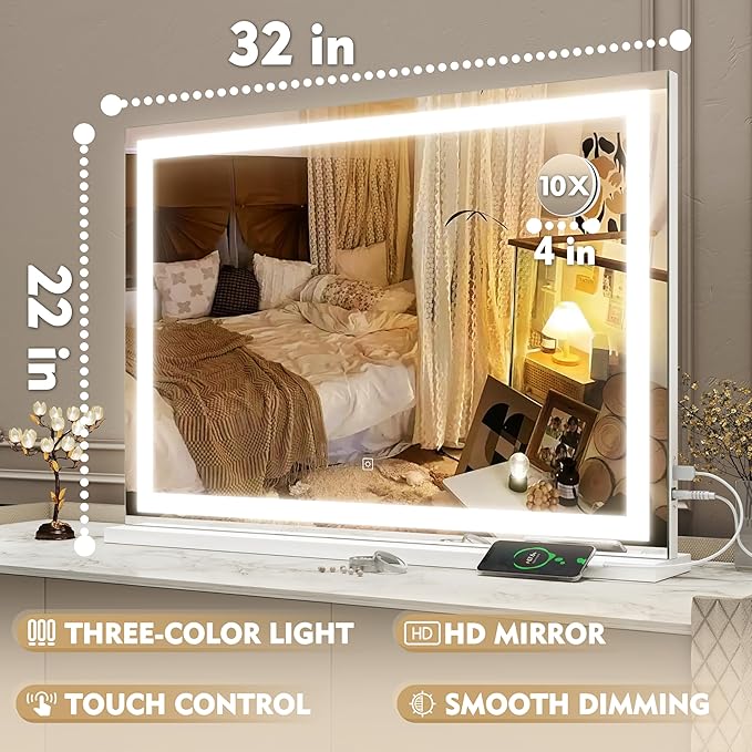 ROLOVE Vanity Mirror with Lights, LED Makeup Mirror, USB Charging Port