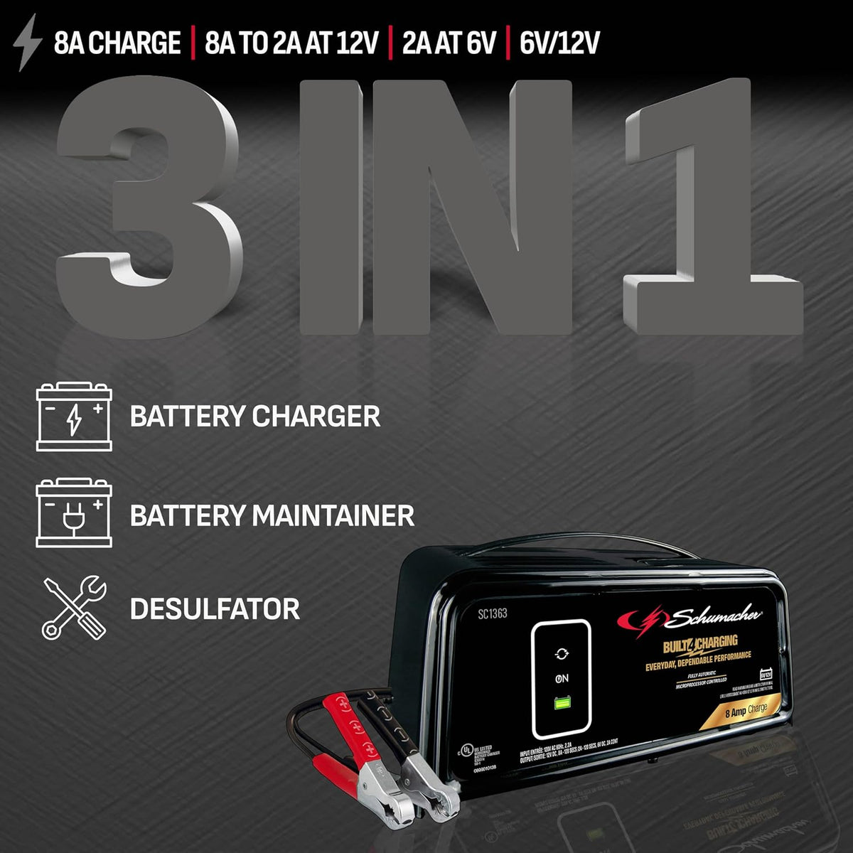 schumacher electric 8a car battery charger & maintainer, close-up detail