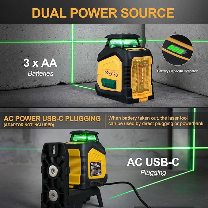 PREXISO 360° Laser Level with Tripod, 100Ft Dual Power Self Leveling Cross Line