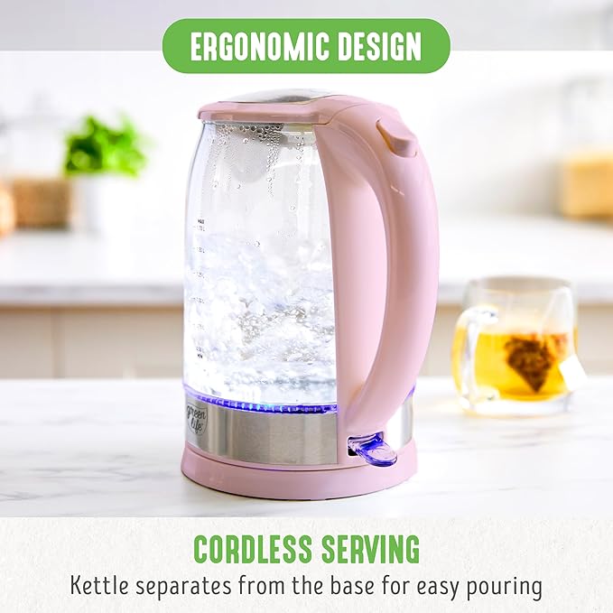 GreenLife 1.7 Liter Glass Electric Kettle, Easy One Touch Use, Quick Heating