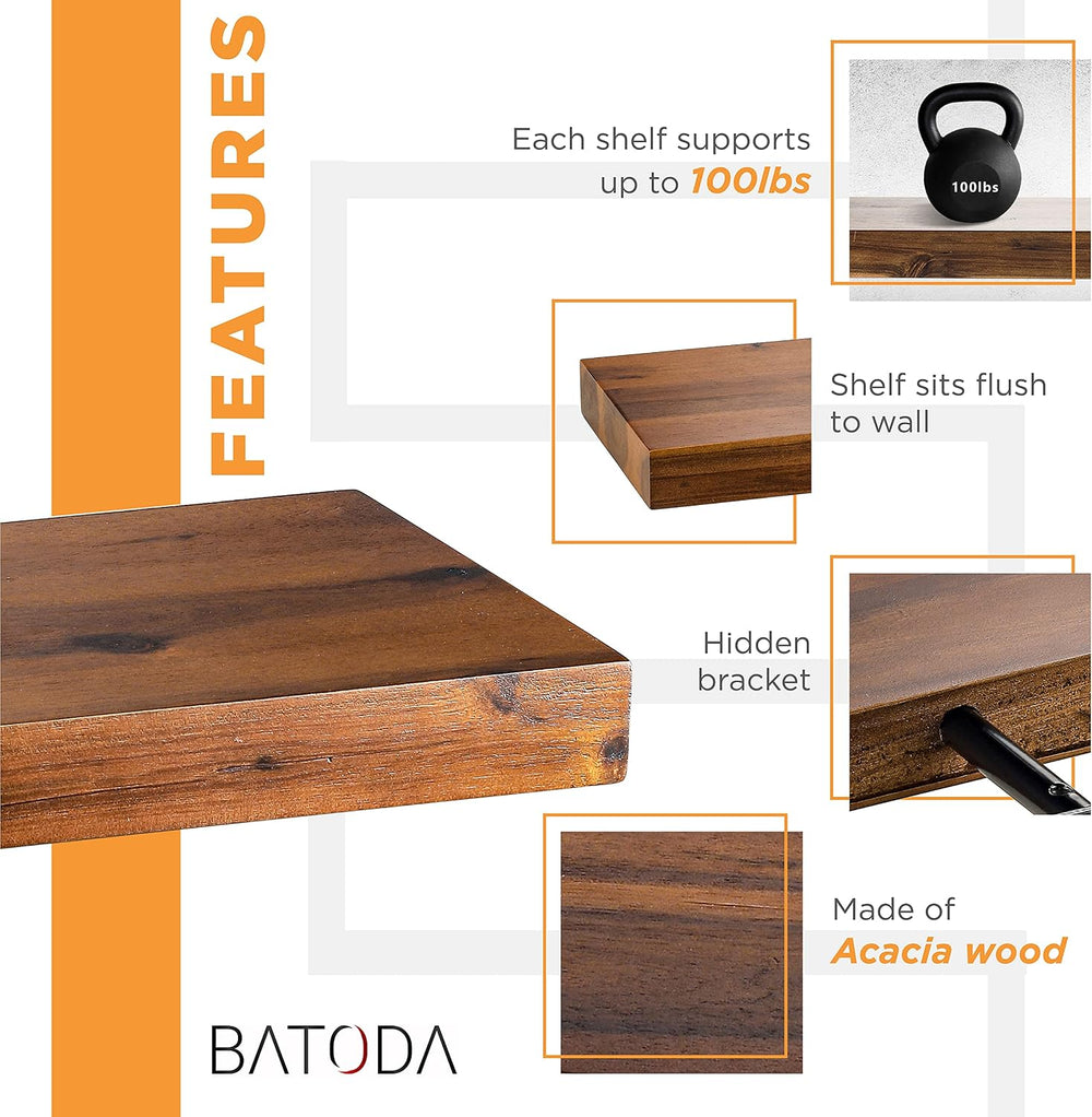 BATODA Set of 2 24" Acacia Wood Floating Shelves Wall Mounted – Rustic F...