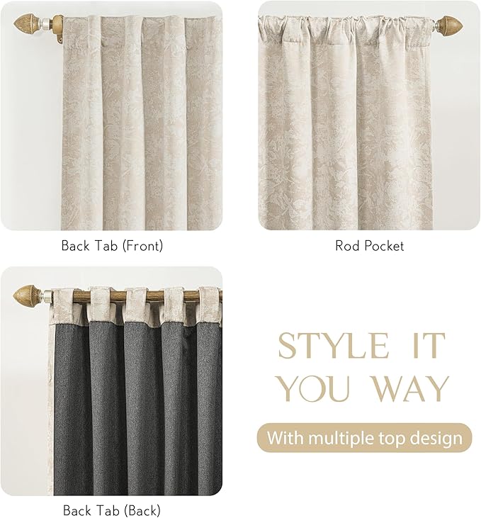 Beauoop Beige Floral Jacquard Blackout Curtains 96 Inches Long 2 Panels
