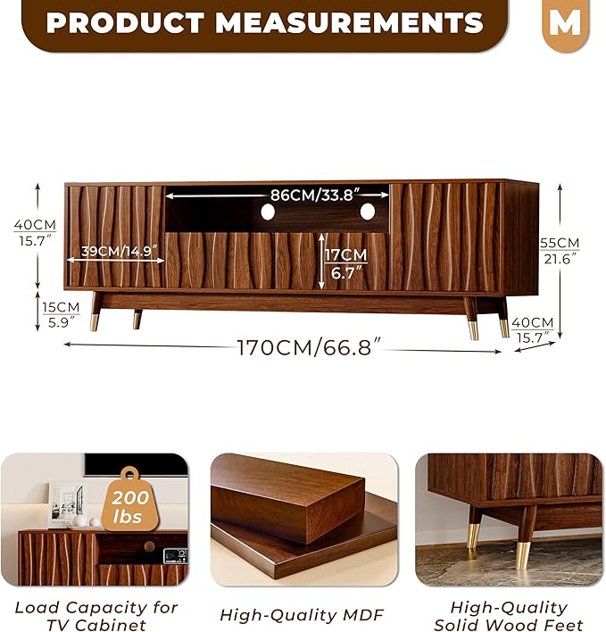 ATJafurn 66‘’ Brown Walnut Finish TV Stand