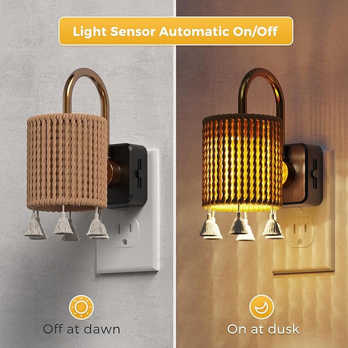 L LOHAS LED Night Lights Plug into Wall, 2 Pack Boho Fabric Cylinder Night Light