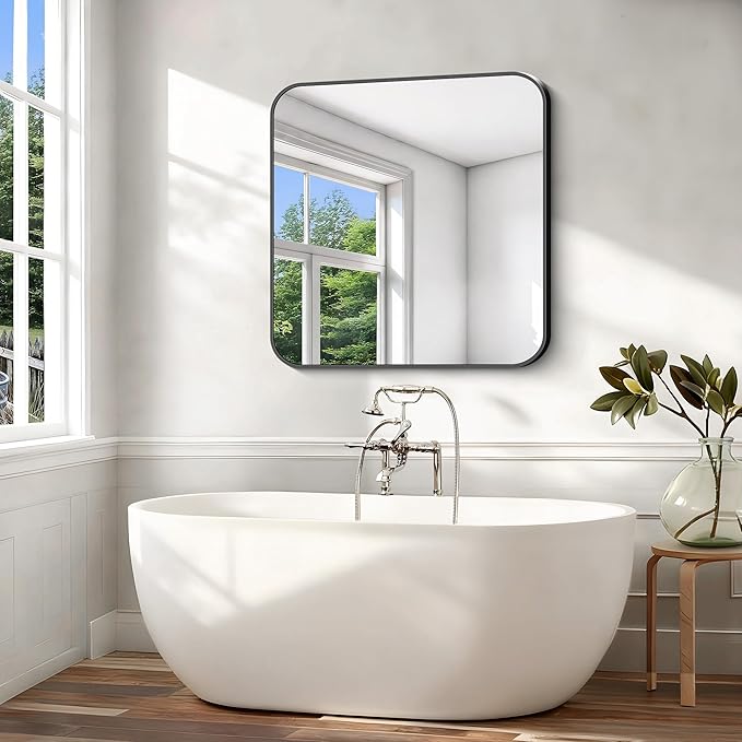 Black Bathroom Mirror, 38x40 inch Aluminum Metal Frame Rectangular Vanity Mirror