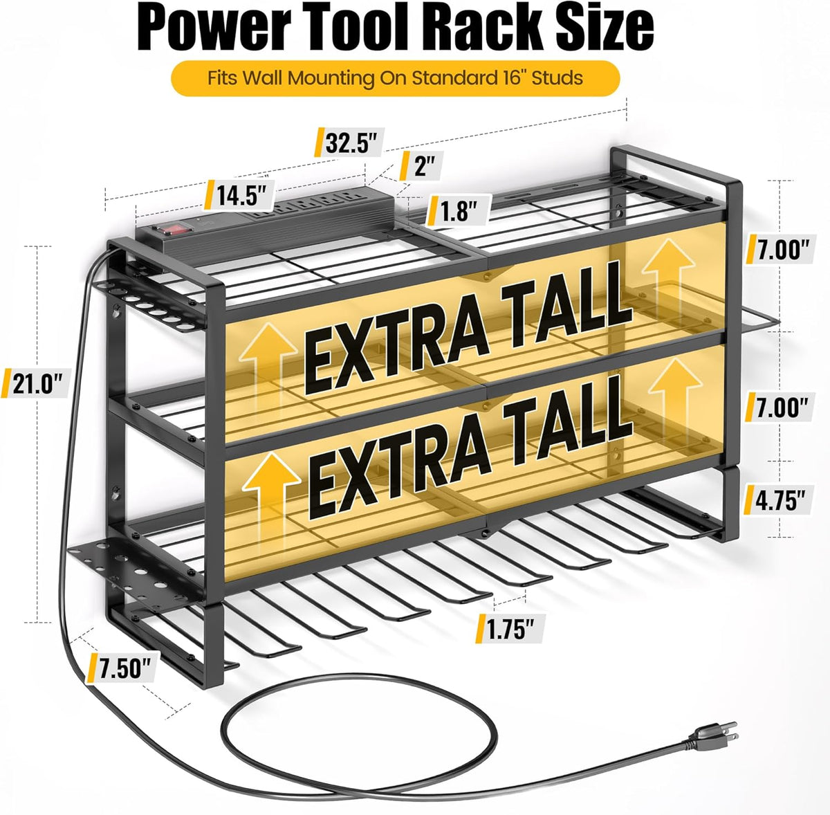 MOOMSINE Large Power Tool Organizer Wall Mount with Charging Station for Garage, 400lbs Metal Storage Rack with 8 Cordless Drill Holder, 4 Tier Heavy Duty Battery Tool Shelf with 5 Outlet Power Strip