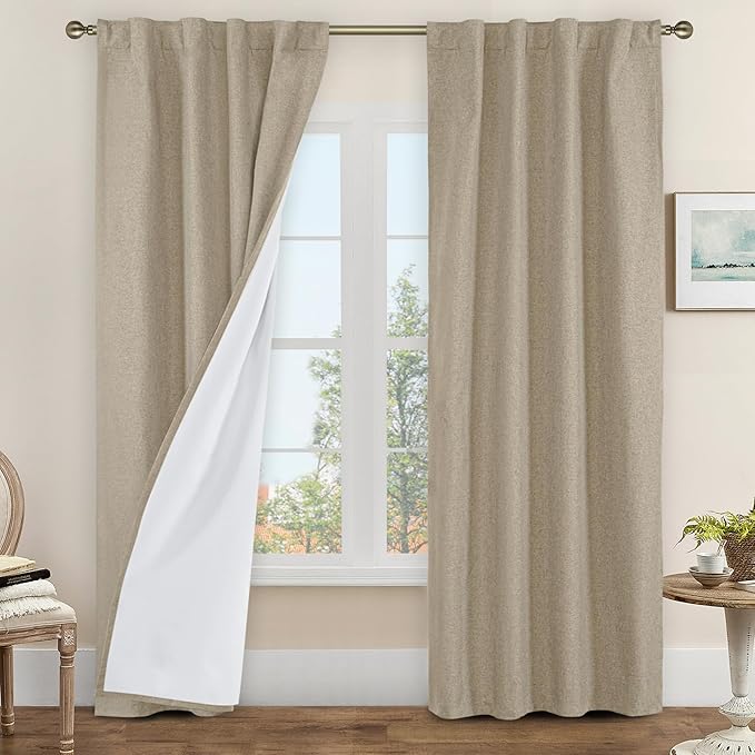 LAMIT 100% Blackout Linen Curtains, 84 Inch Linen Textured Living Room