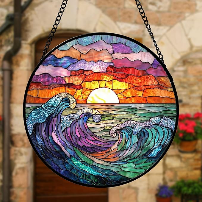 DASTOLL Stained Glass Window Hanging, Clouds and Sea Waves Suncatcher Diamond