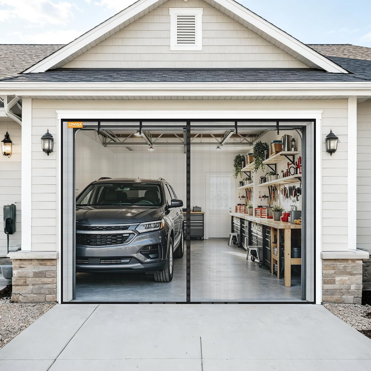 Heavy Duty Garage Screen Door for 1 Car Garage Pull Down, LOVIGA 8×7FT Magnetic Fiberglass Garage Door Screen Garage Net Screen with Magnet, Tear-Resistant, Easy Assemble, Fine Mesh Keep Bugs Out