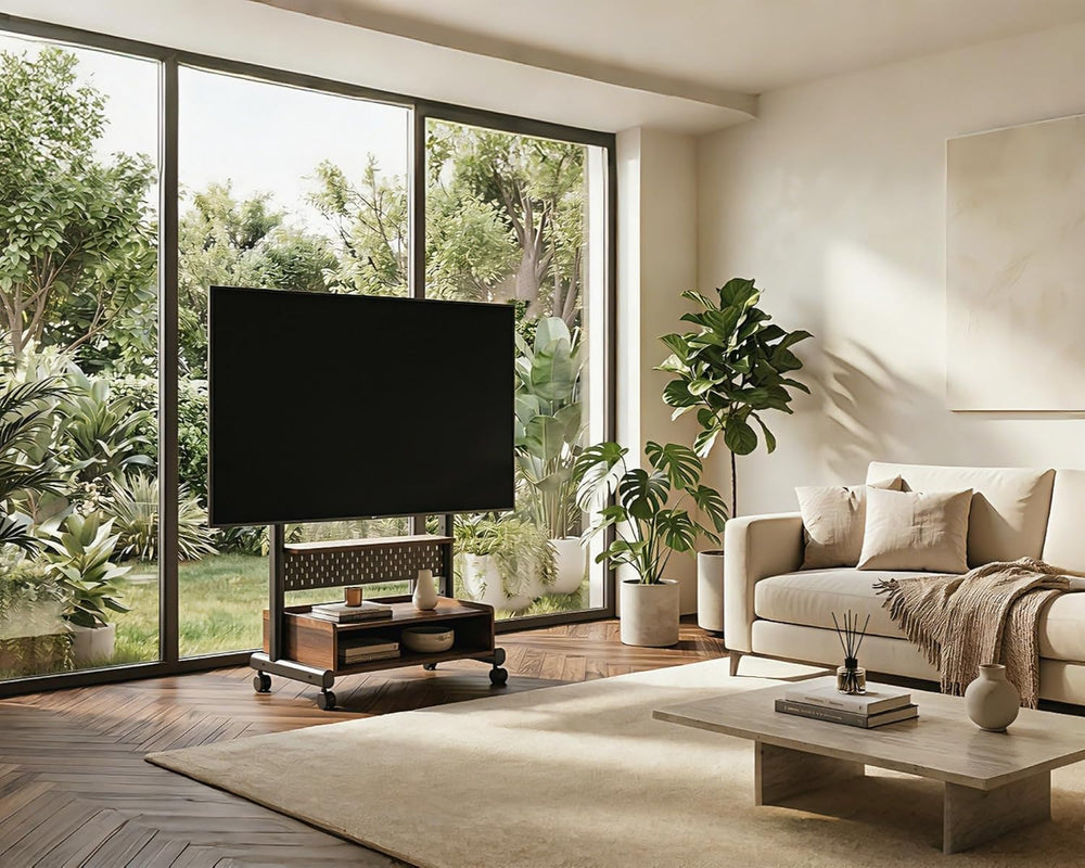 FITUEYES Rolling TV Floor Stand for 40-85in TVs, Height-Adjustable, Walnut