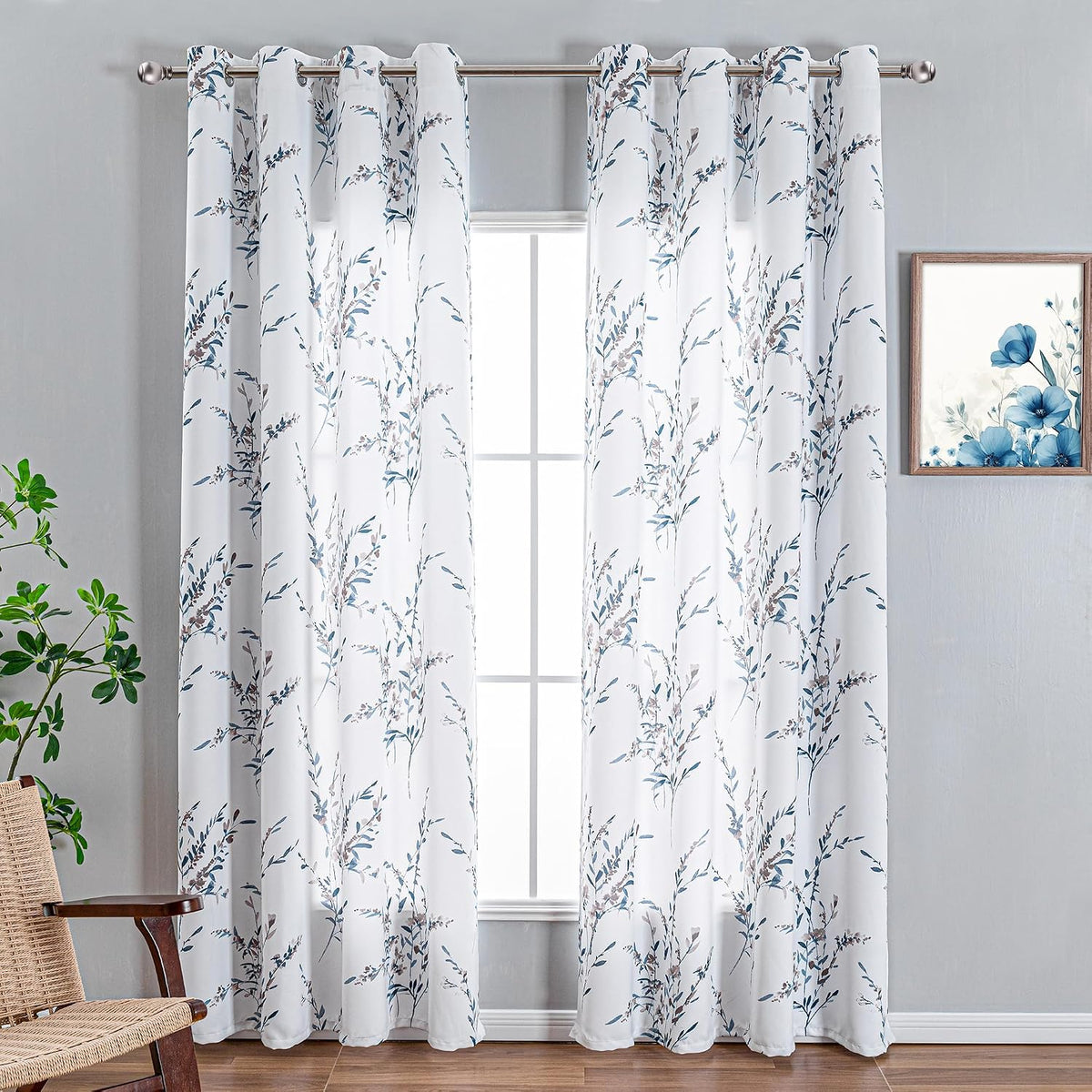 MYSKY HOME Navy Blue Floral Curtains 84 Inch Long for Living Room 2 Panels