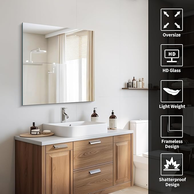 CILIBER 30x30 inch Frameless Bathroom Mirror, Square Frameless Mirrors