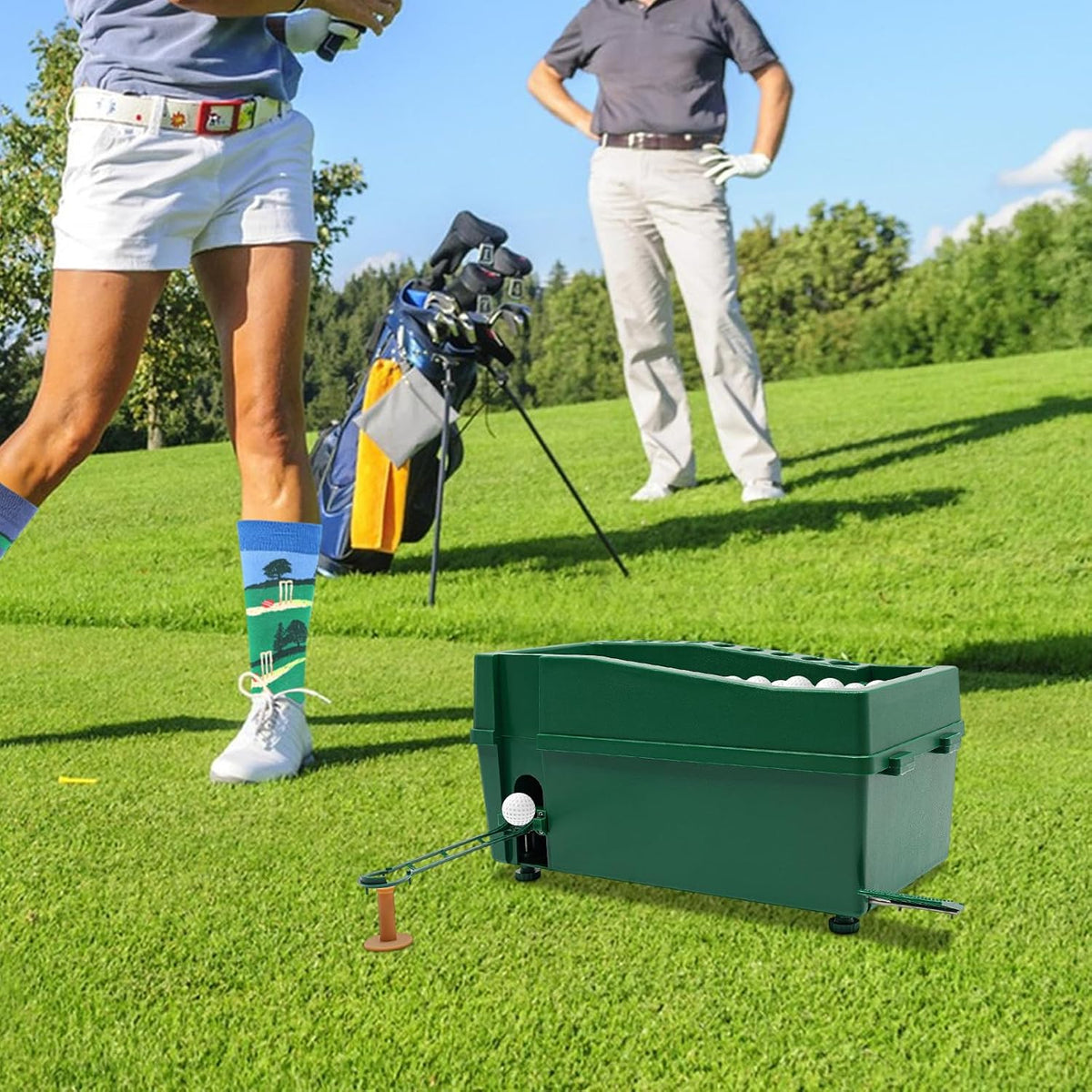 Automatic Golf Ball Dispenser with Tee Up Machine, No More Bending Over, 100 Ball Capacity Auto Tee Up for Indoor Golf Simulator, Backyard Net & Driving Range, 9 Club Slots & Phone Holder (Green)