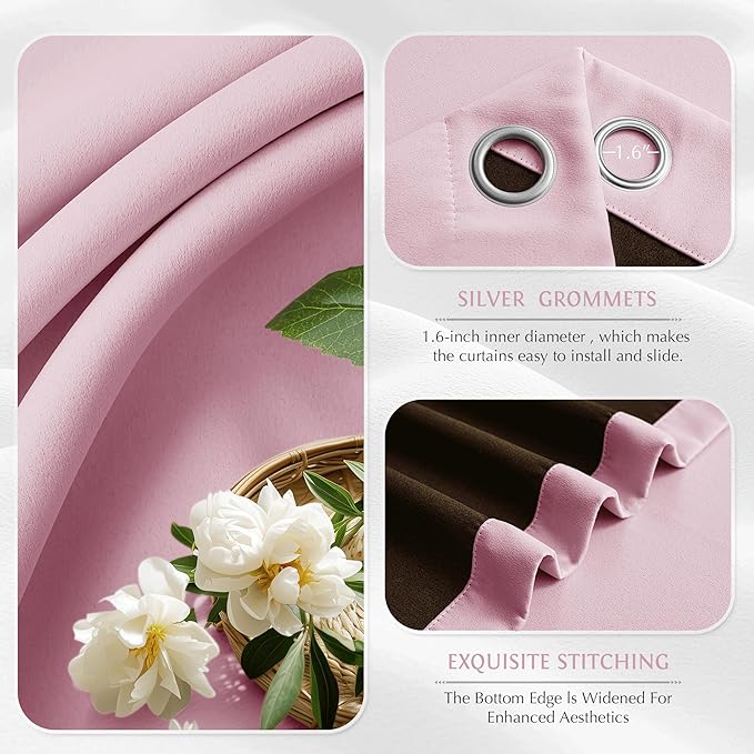 Beauoop Pink 100% Blackout Curtains 96 Inch Long 2 Panels