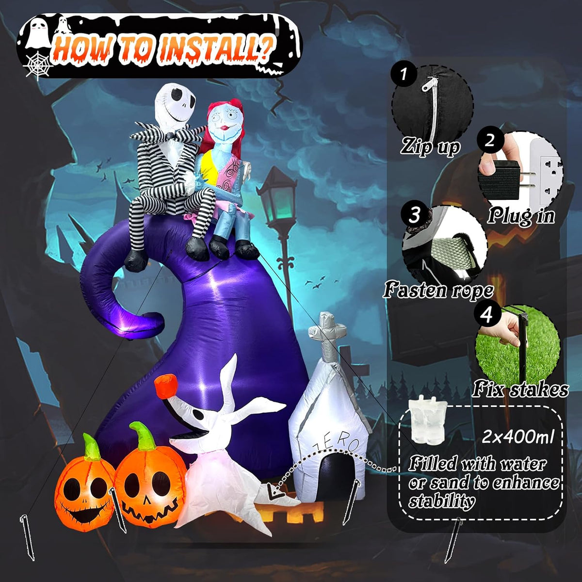 6 FT Halloween Inflatables Outdoor Decoration, Blow Up Yard Decorations with Spooky Skeleton Couple with Ghost Pumpkin and Dog, Built-in LED for Outdoor Inflatable Decor Garden, and Lawn