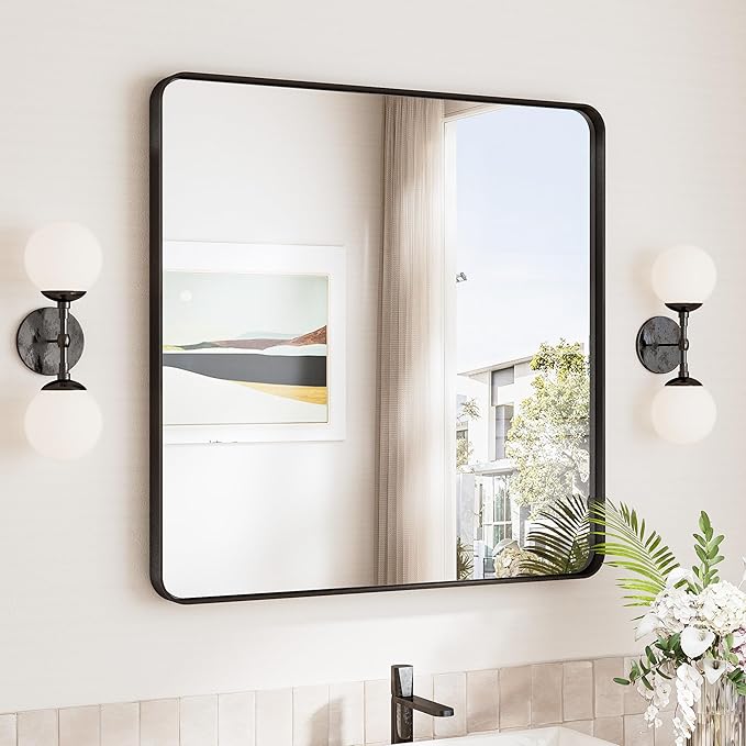 TokeShimi 30 x 30 Black Bathroom Mirror, Rectangle Bathroom Wall Mirror