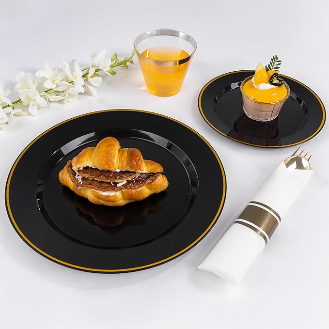 SUT 350 Pcs Black and Gold Plastic Dinnerware Set for 50 Guests, Include: 50 Dinner Plates, 50 Dessert Plates, 50 Pre Rolled Napkins With Silverware, 50 Cups, Disposable Plates for Halloween, Party