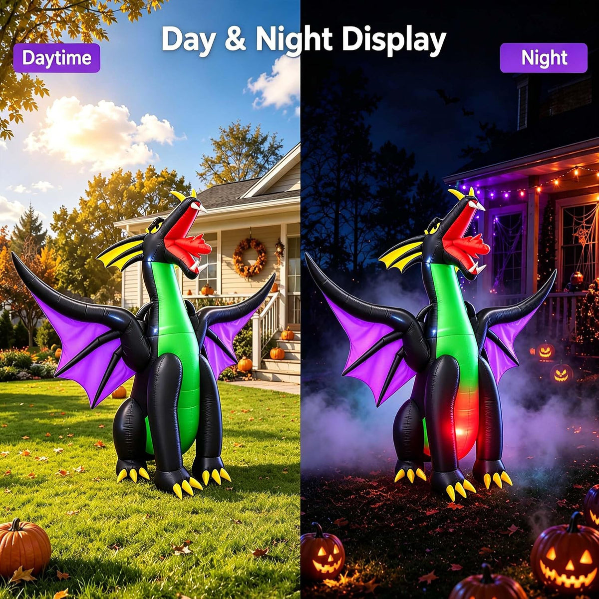 SEASONBLOW 9Ft Long Halloween Inflatable Giant Fire & Ice Dragon Decoration