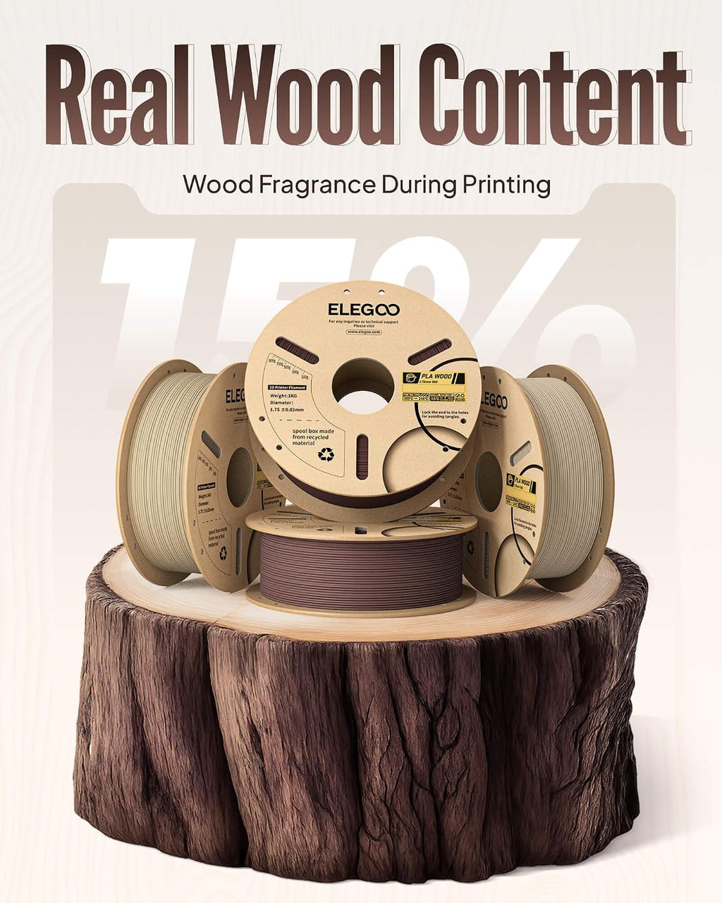 elegoo pla 3d printer filament 4kg oak wood/rosewood/tan, close-up detail