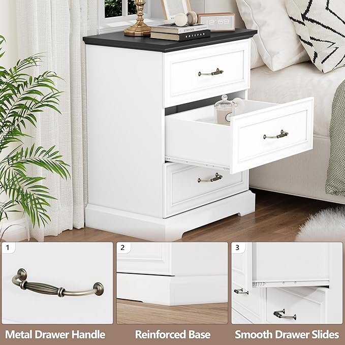 Nightstand with 3 Large Drawers, Rustic Farmhouse Wood Small Dresser, Bedside