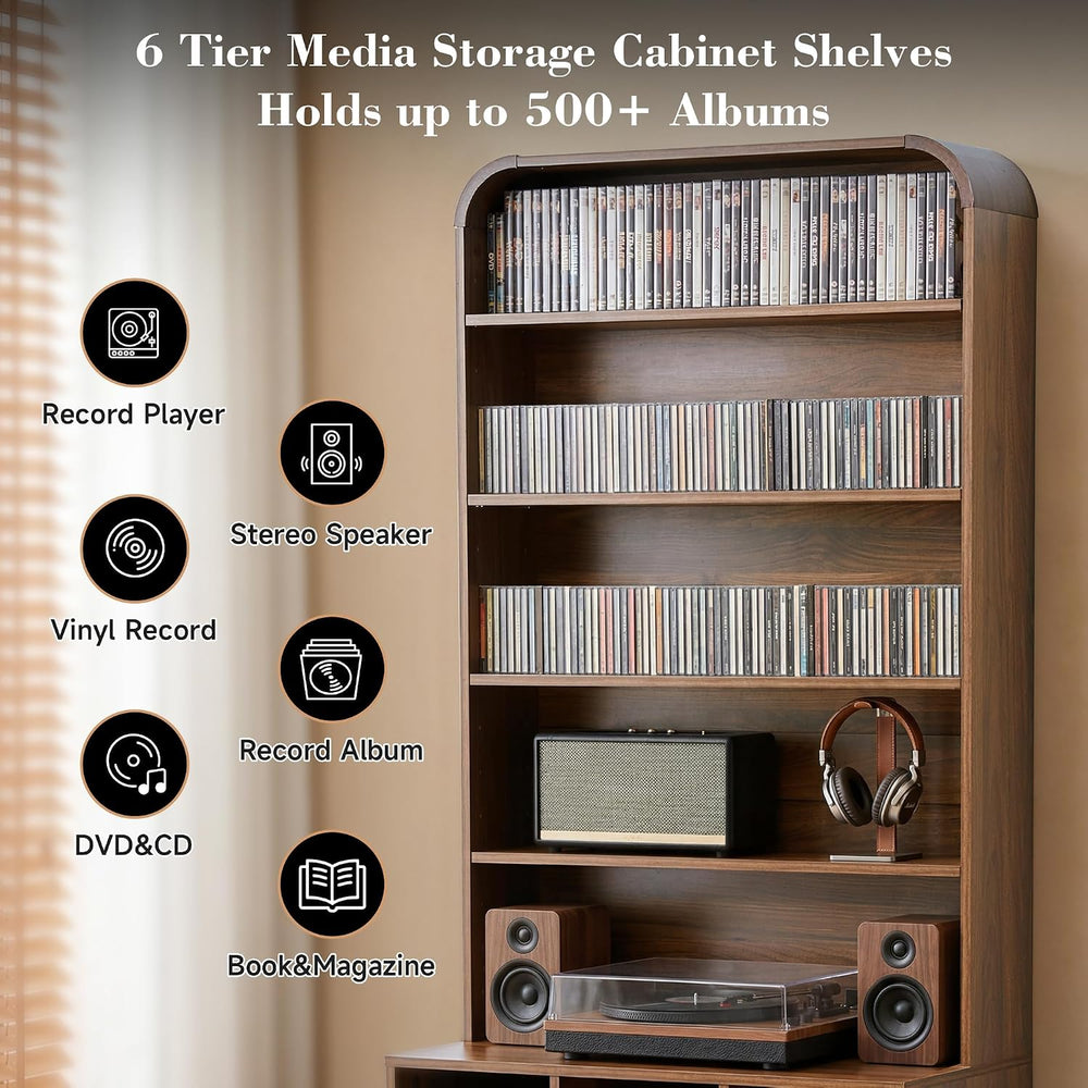 RARZOE 71" Tall Record Player Stand with Vinyl Storage, Walnut