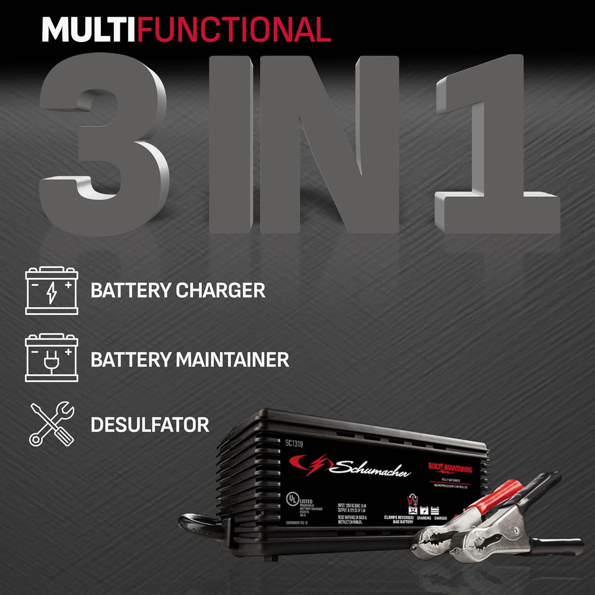 schumacher electric battery charger and maintainer, 3-in-1, sc1319, close-up detail