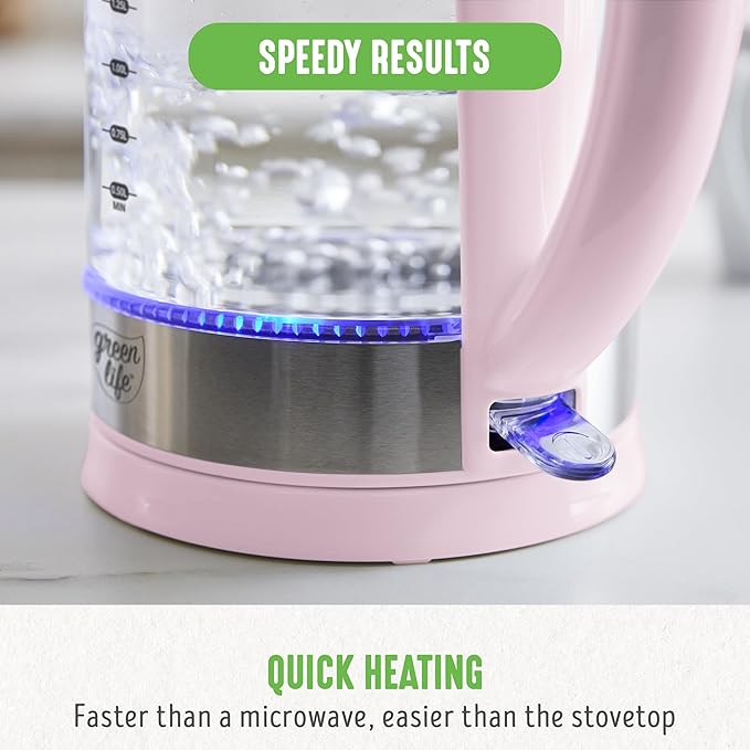 GreenLife 1.7 Liter Glass Electric Kettle, Easy One Touch Use, Quick Heating