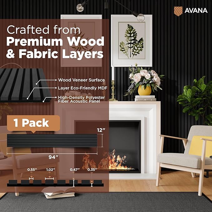 Avana Modern Acoustic Wood Wall Panels – 94.4 X 12.6 Inch Black Oak Acoustic