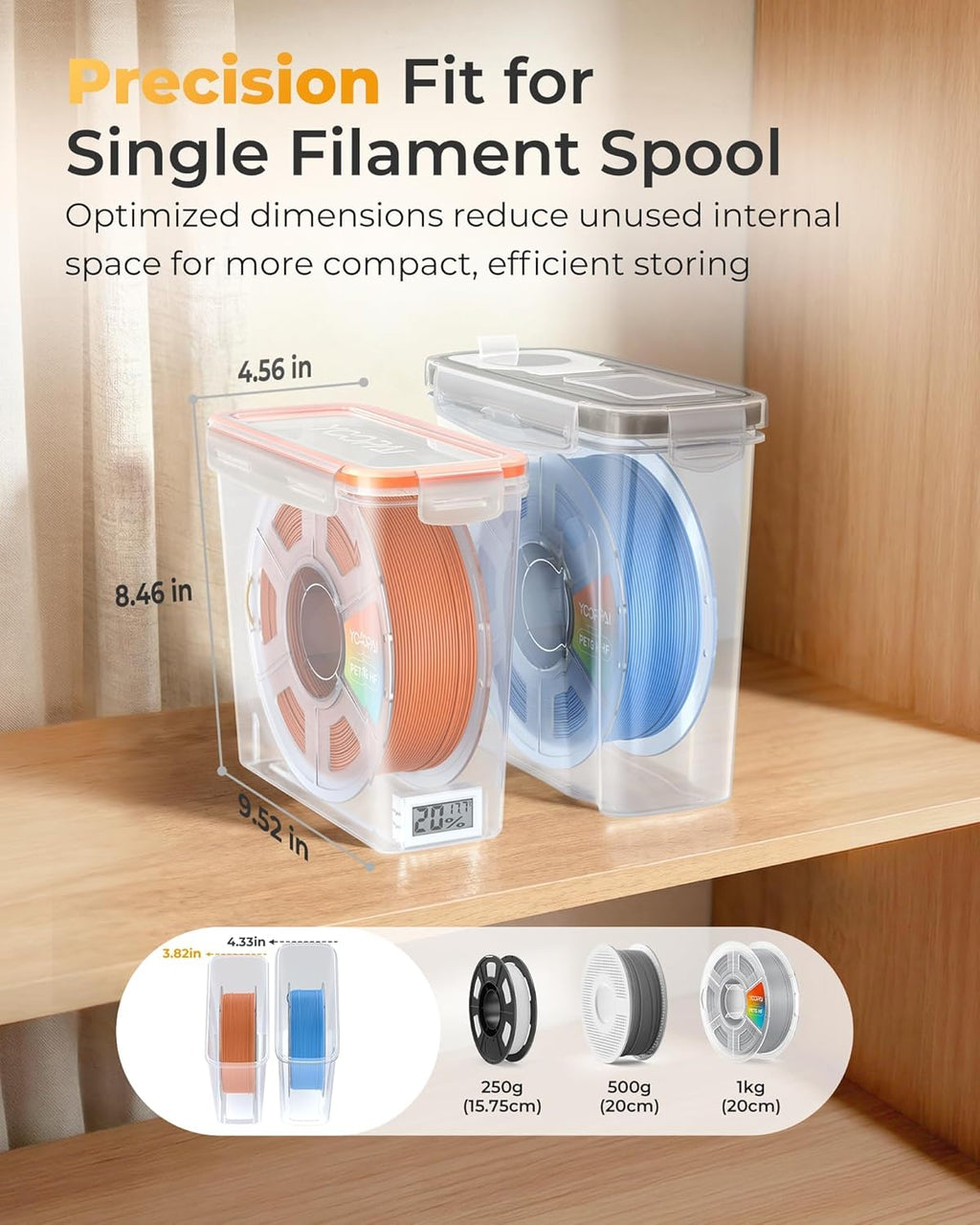 yoopai pro filament storage box with temperature & showing dimensions