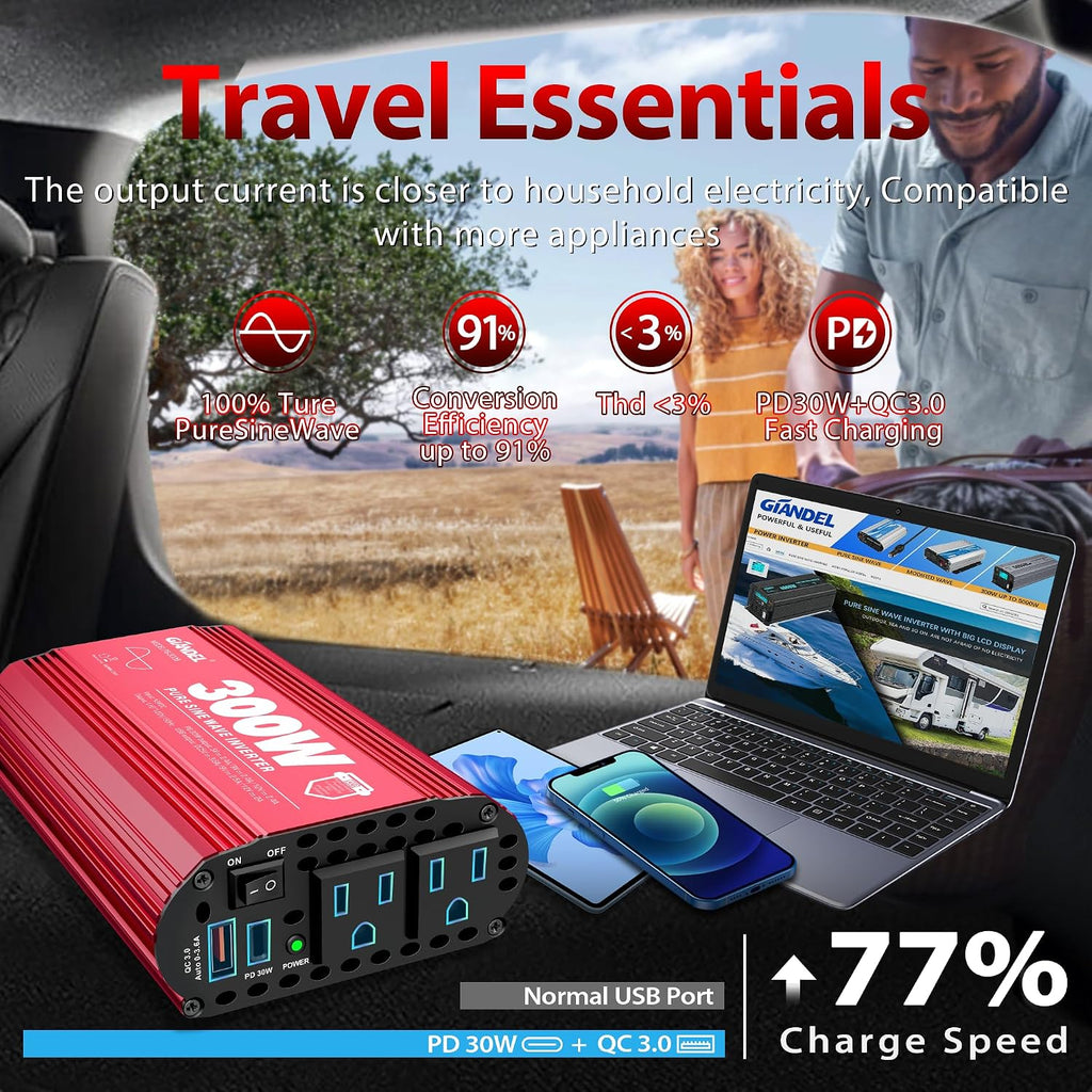 300 Watt Pure Sine Wave Car Power Inverter, PD30W USB-C and QC 3.0 Fast Charger Car Converter Adapter for Smartphones Laptops Tablets Starlink